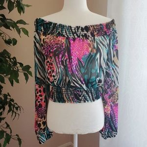 Sheer off shoulder animal print top